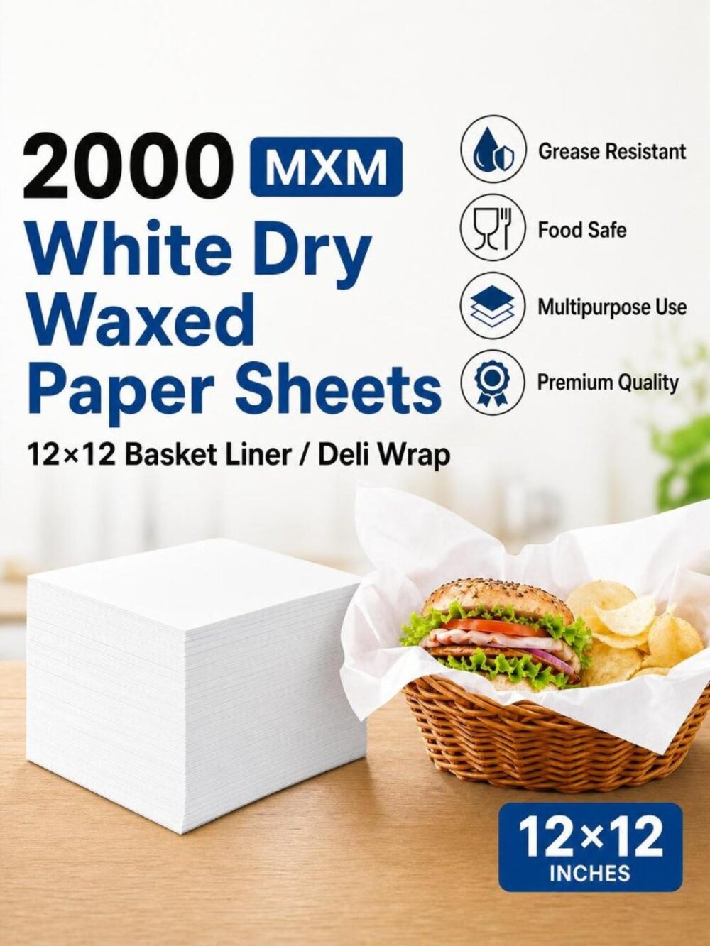 2000 MXM White Dry Waxed Paper Sheets 12x12 Basket Liner / Deli Wrap
